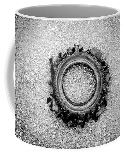 Blown Coffee Mug featuring the photograph Flat Tire BW by Troy Stapek