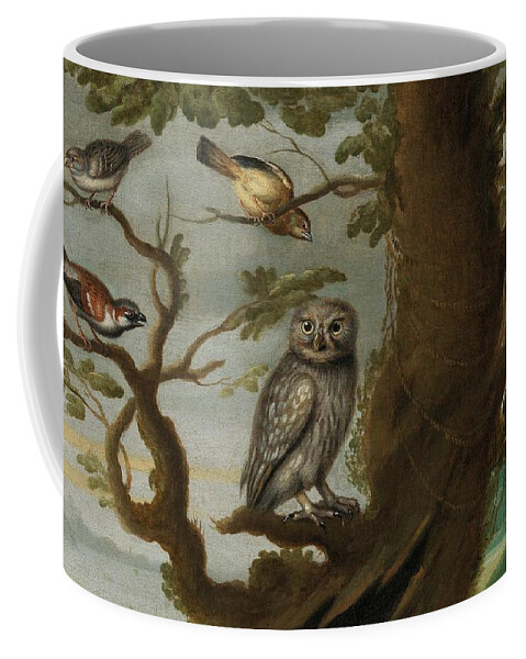 Travel Coffee Mug featuring the painting Flemish School Century An owl and a hoopoe and other birds in a tree by MotionAge Designs