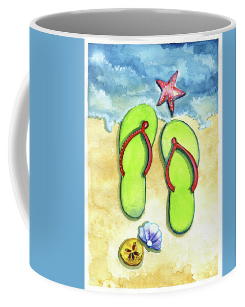 Walking On The Beach Coffee Mug featuring the painting Flip Flops on the Beach by Michele Fritz