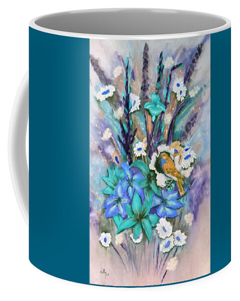 Flowers Coffee Mug featuring the mixed media Flower Bouquet n' Bird by Kelly Mills