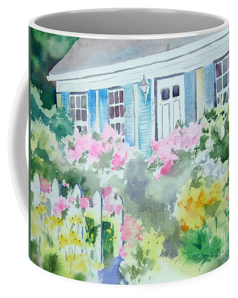 Blue Shutters Coffee Mug featuring the painting Flower Cottage II by Liana Yarckin