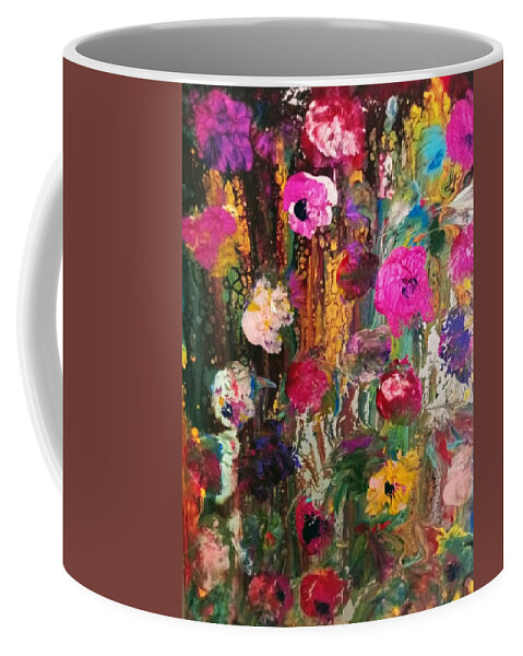 Flowers Fusion Pink Coffee Mug featuring the painting Flower Fusion by Anna Adams