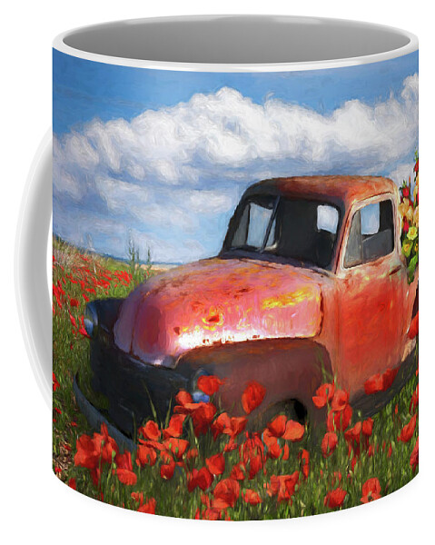 Old Coffee Mug featuring the photograph Flower Truck in Poppies Painting by Debra and Dave Vanderlaan
