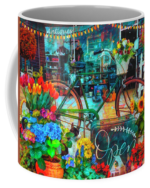 Fence Coffee Mug featuring the photograph Flowers and Bike on the Sidewalk Painting by Debra and Dave Vanderlaan