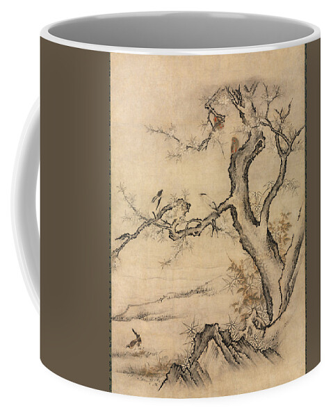 Kano Motonobu Coffee Mug featuring the painting Flowers and Birds in a Spring Landscape by Kano Motonobu