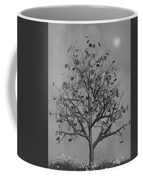 Autumn Coffee Mug featuring the mixed media Flowers Beneath The Autumn Tree Black and White by David Dehner