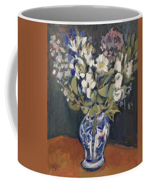 Delfts Blauw Coffee Mug featuring the painting Flowers in white and blue in Delft blue vase by Nop Briex
