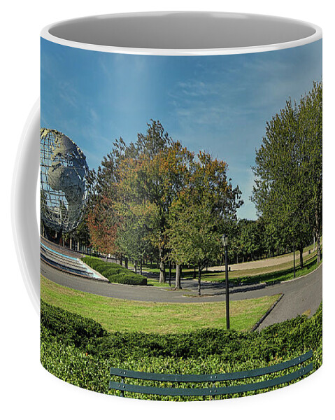 Unisphere Coffee Mug featuring the photograph Flushing Meadows Landscape Unisphere Panorama NY by Chuck Kuhn