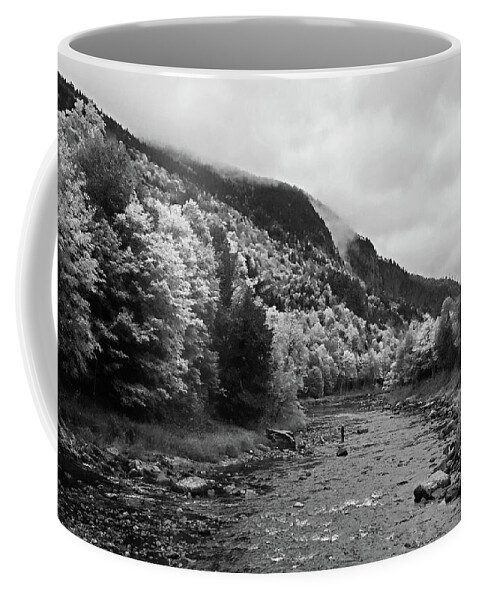 Wilmington Coffee Mug featuring the photograph Fly Fishing in the Fall Foliage Wilmington NY Adirondacks Misty Day Black and White by Toby McGuire