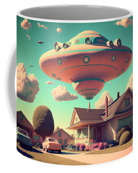 Flying Coffee Mug featuring the mixed media Flying Saucer Frenzy I by Jay Schankman