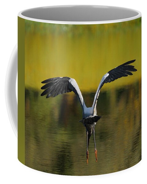 Birds Coffee Mug featuring the photograph Flying Wood Stork by Larry Marshall