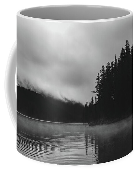Foggy Forest Reflection Black And White Coffee Mug featuring the photograph Foggy Forest Reflection Black And White by Dan Sproul