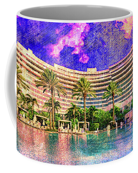 Fontainebleau Miami Beach Coffee Mug featuring the digital art Fontainebleau Miami Beach seen from the swimming pool at sunset - digital painting by Nicko Prints