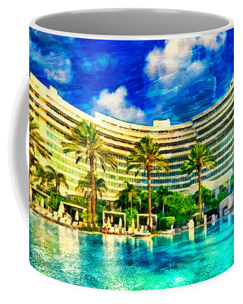 Fontainebleau Miami Beach Coffee Mug featuring the digital art Fontainebleau Miami Beach seen from the swimming pool - oil painting by Nicko Prints