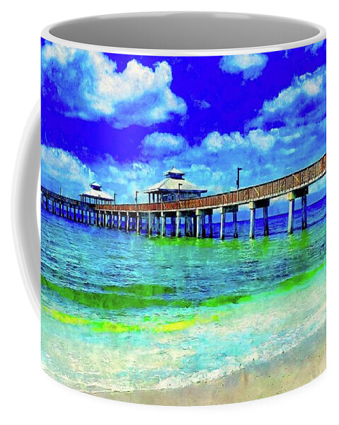 Fort Myers Beach Pier Coffee Mug featuring the digital art Fort Myers Beach pier - watercolor ink painting by Nicko Prints