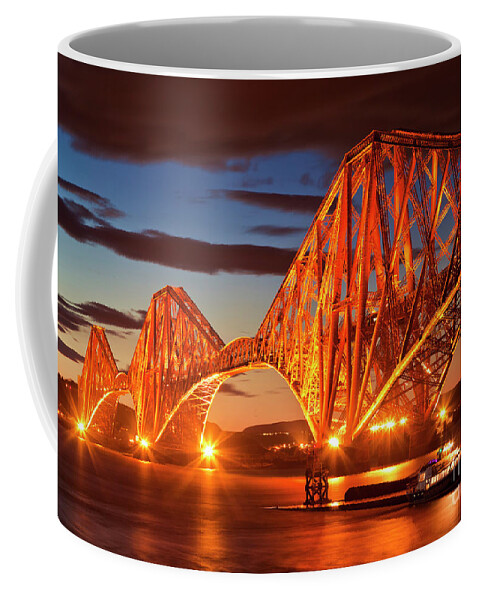 Forth Bridge Coffee Mug featuring the photograph Forth rail bridge at night, South Queensferry, Edinburgh, Midlothian, Scotland by Neale And Judith Clark