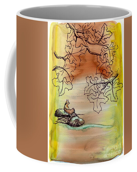 Yupo Coffee Mug featuring the painting Fox, Stream, Leaves, Sunrise by Tammy Nara
