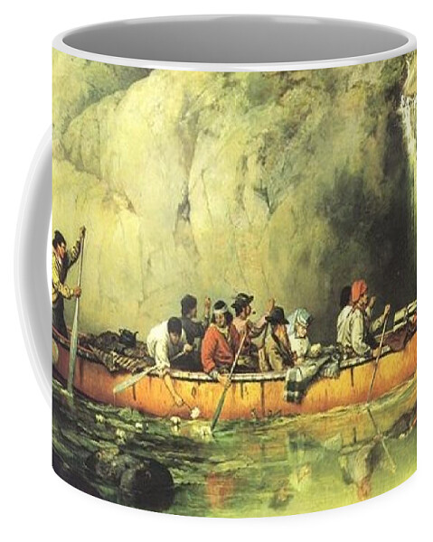  Coffee Mug featuring the painting Frances Anne Hopkins - Canoe Manned by Voyageurs Passing a Waterfall Canada. by Les Classics