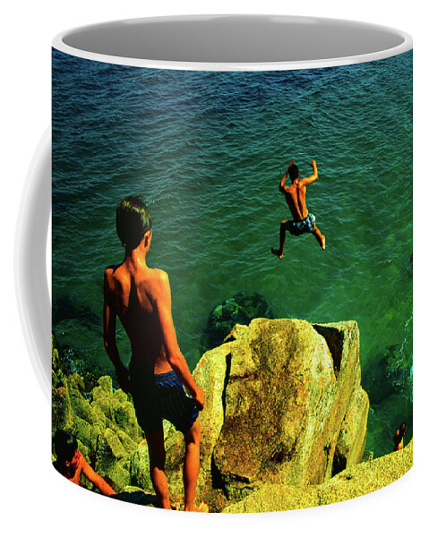 Cliff Diving Coffee Mug featuring the photograph Free Fall - Cliff Jumping, Mediterranean, France by Earth And Spirit