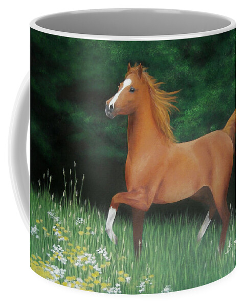 Beautiful Coffee Mug featuring the painting Beautiful Wild Brown Horse, Running Free in Grass by Aneta Soukalova