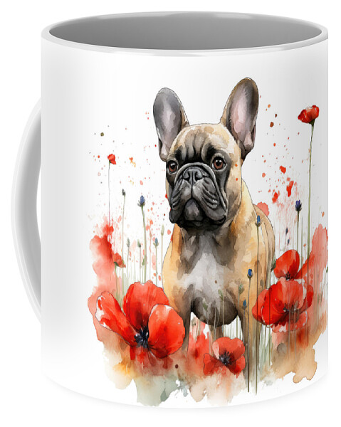 Bouledogue Français Coffee Mug featuring the digital art French Bulldog standing in a field of wildflowers by Carl H Payne