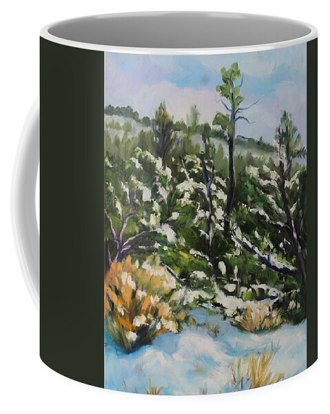 Landscape Coffee Mug featuring the painting Fresh Snow near Mt. Taylor, NM by Marian Berg