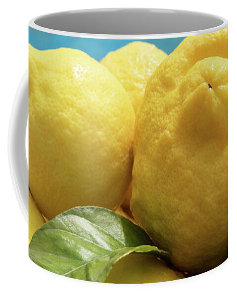 Lemon Tree Coffee Mug featuring the photograph Sunny yellow lemons in a basket by Adriana Mueller