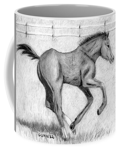 Filly Coffee Mug featuring the drawing Frolicking Filly by Katrina Gunn