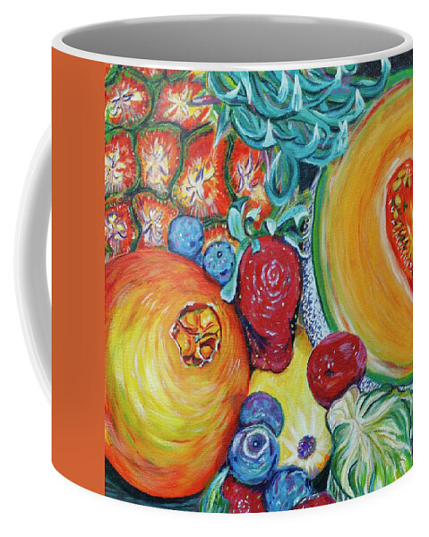 Colorful Fruit Coffee Mug featuring the painting Fruit and a Brussel Sprout by Dorsey Northrup