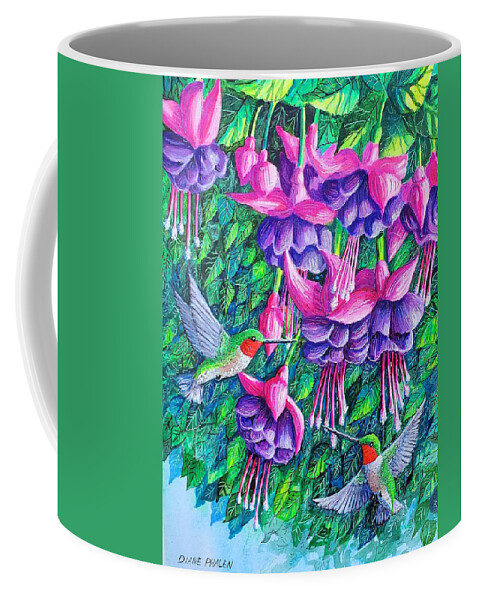 Fuchsia. Hummingbirds Coffee Mug featuring the painting Fuchsia Frolic by Diane Phalen