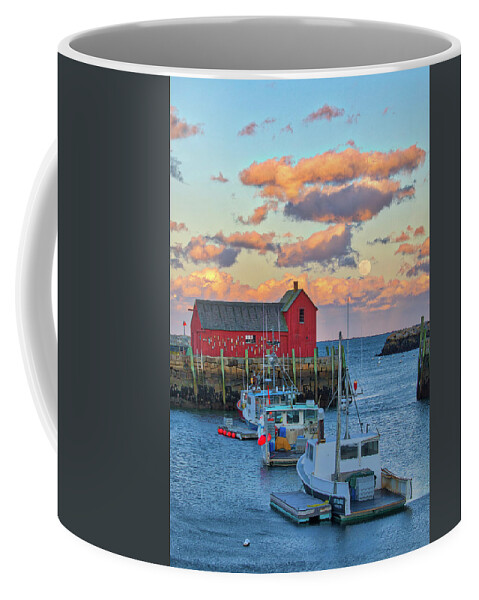 Motif Number One Coffee Mug featuring the photograph Full Moon over Rockport Harbor and Motif Number One by Juergen Roth
