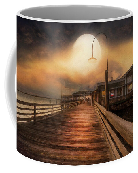 Clouds Coffee Mug featuring the photograph Full Moon over the Docks on Jekyll Island Painting by Debra and Dave Vanderlaan