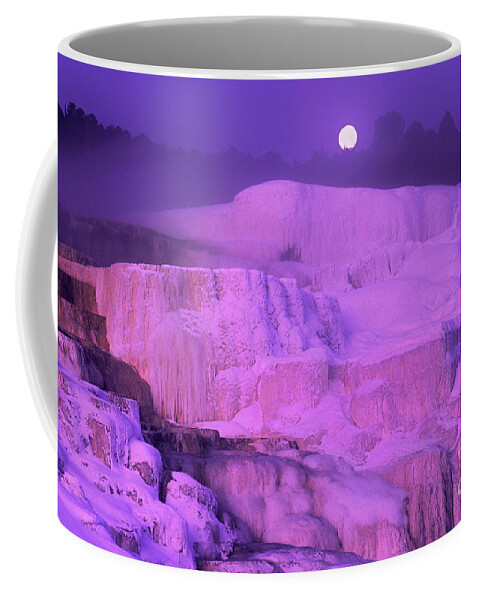 North America Coffee Mug featuring the photograph Full Moon Sets over Minerva Springs on a Winter Morning Yellowstone National Park by Dave Welling