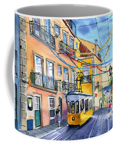 Portugal Coffee Mug featuring the painting Funicular Bica in Lisbon by Dora Hathazi Mendes