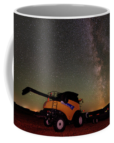 Milky Way Coffee Mug featuring the photograph Galaxy Harvester - New Holland combine harvester in ND wheat field with milky way by Peter Herman