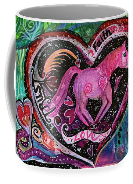 Horse Coffee Mug featuring the mixed media Galloping Horse of Love, Faith, Trust by Sandy Rakowitz