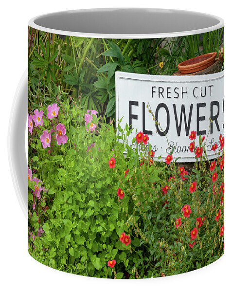 Flowers Coffee Mug featuring the photograph Garden flowers with fresh cut flower sign 0735 by Simon Bratt