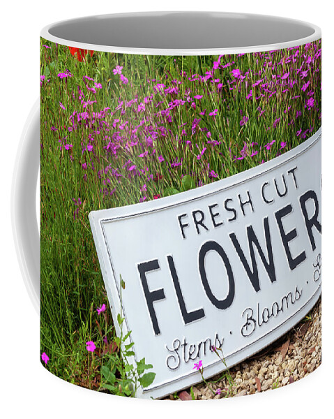 Flowers Coffee Mug featuring the photograph Garden flowers with fresh cut flower sign 0737 by Simon Bratt