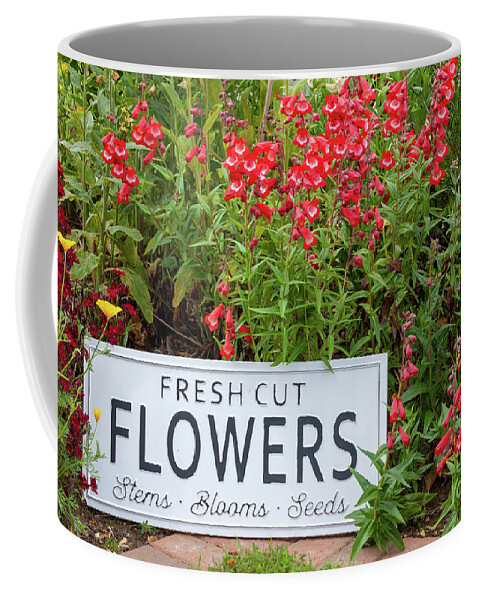 Flowers Coffee Mug featuring the photograph Garden flowers with fresh cut flower sign 0758 by Simon Bratt