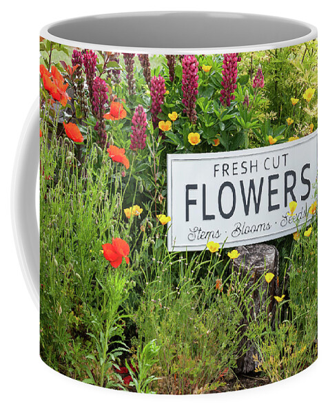 Arrangement Coffee Mug featuring the photograph Garden flowers with fresh cut flower sign 0771 by Simon Bratt