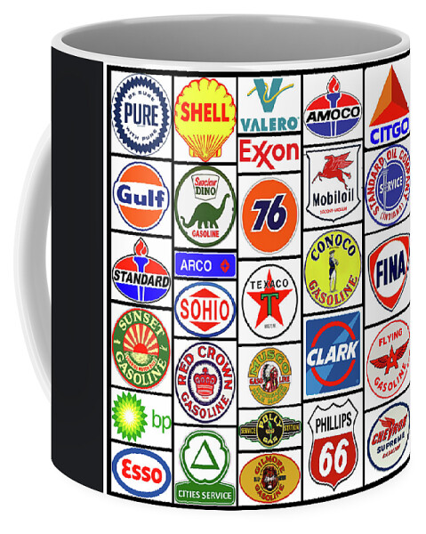 Gasoline Signs Coffee Mug featuring the mixed media Gasoline Brands Sold Now or Then by Pheasant Run Gallery