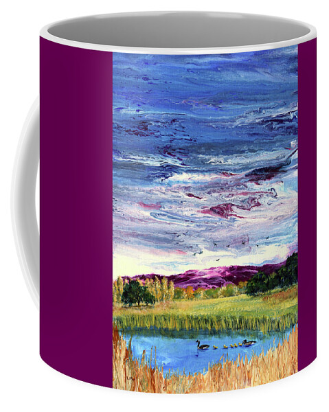 Wetlands Coffee Mug featuring the painting Geese and Goslings Out for a Swim by Laura Iverson