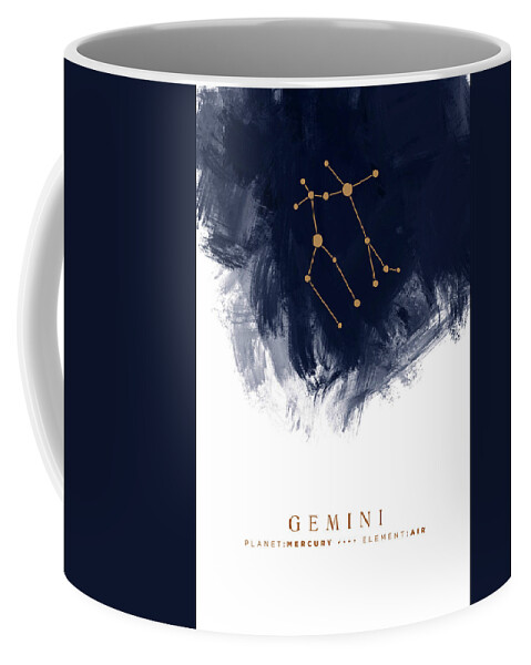 Gemini Coffee Mug featuring the mixed media Gemini Zodiac Sign - Minimal Print - Zodiac, Constellation, Astrology, Good Luck, Night Sky - Blue by Studio Grafiikka