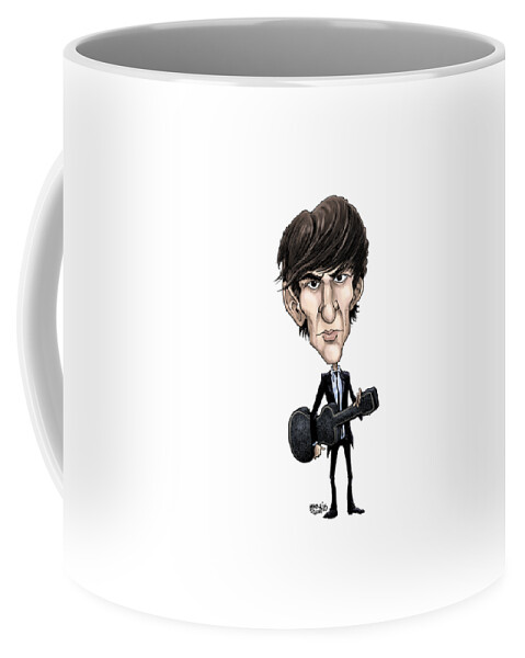 Cartoon Coffee Mug featuring the drawing George Harrison in color by Mike Scott