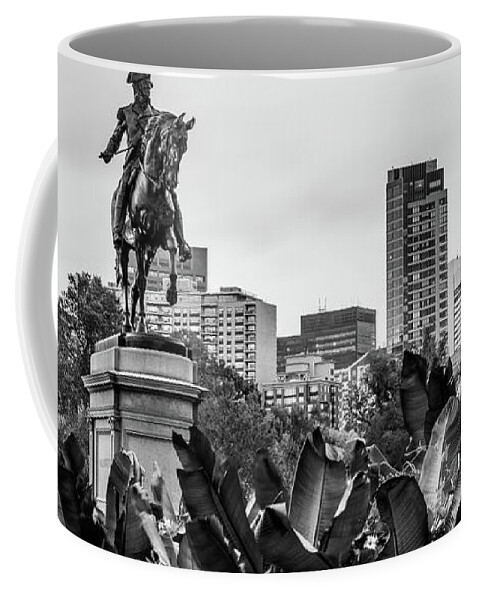 Boston Skyline Panorama Coffee Mug featuring the photograph George Washington and the Boston Massachusetts Skyline Panorama - Black and White by Gregory Ballos