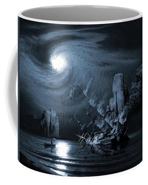 Legend Myth Saga Legend Boats Stories Fact Or Fiction Tall Tale Moonlight Vessel Yacht Phantom Flames Ocean Dark Examples Of Legends Examples Of Myths Coffee Mug featuring the digital art Ghost ship series The birth of the legend by George Grie