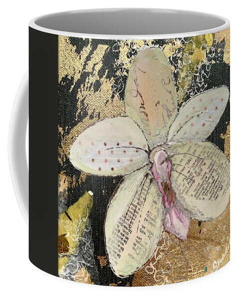 Orchid White Orchids Flowers Blossom Tropical Tropics Love Beauty Whitish Soft Delicate Green Fragile Fertility Refinement Thoughtfulness Charm Phalaenopsis Reverence Gold Gold Leaf Metallic Elegance Elegant Graceful Petite Dow Gardens Garden Midland Dowgarden Gold Collage Shadia Coffee Mug featuring the painting Gilded Orchid IV by Shadia Derbyshire
