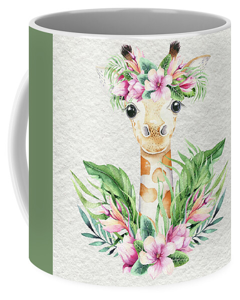 Giraffe Coffee Mug featuring the painting Giraffe With Flowers by Nursery Art
