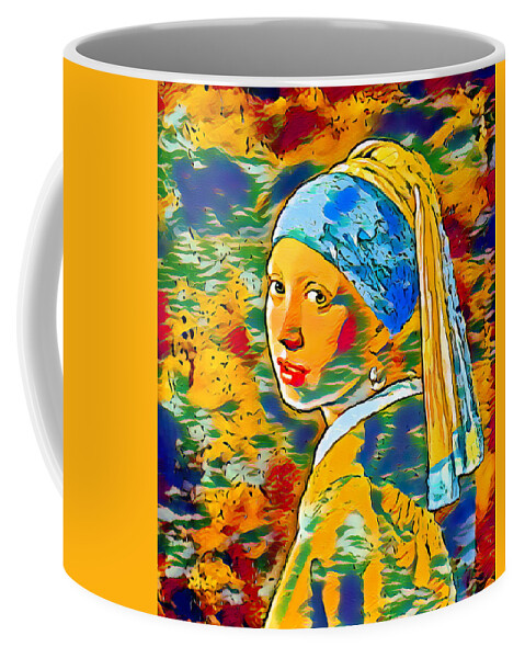 Girl With A Pearl Earring Coffee Mug featuring the digital art Girl with a Pearl Earring by Johannes Vermeer - dark blue, orange, and green, colorful recreation by Nicko Prints