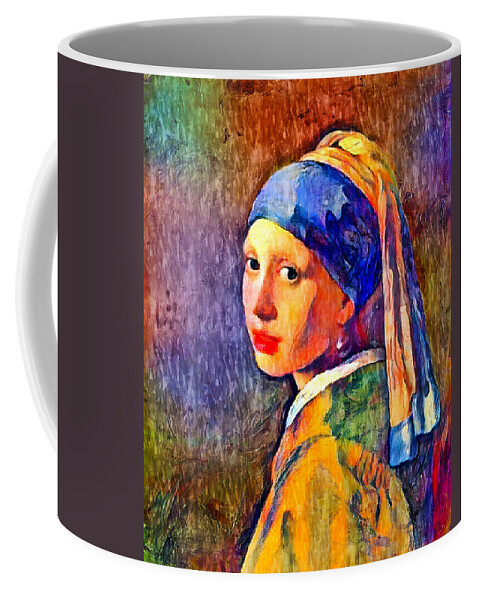 Girl With A Pearl Earring Coffee Mug featuring the digital art Girl with a Pearl Earring by Johannes Vermeer - colorful digital recreation by Nicko Prints